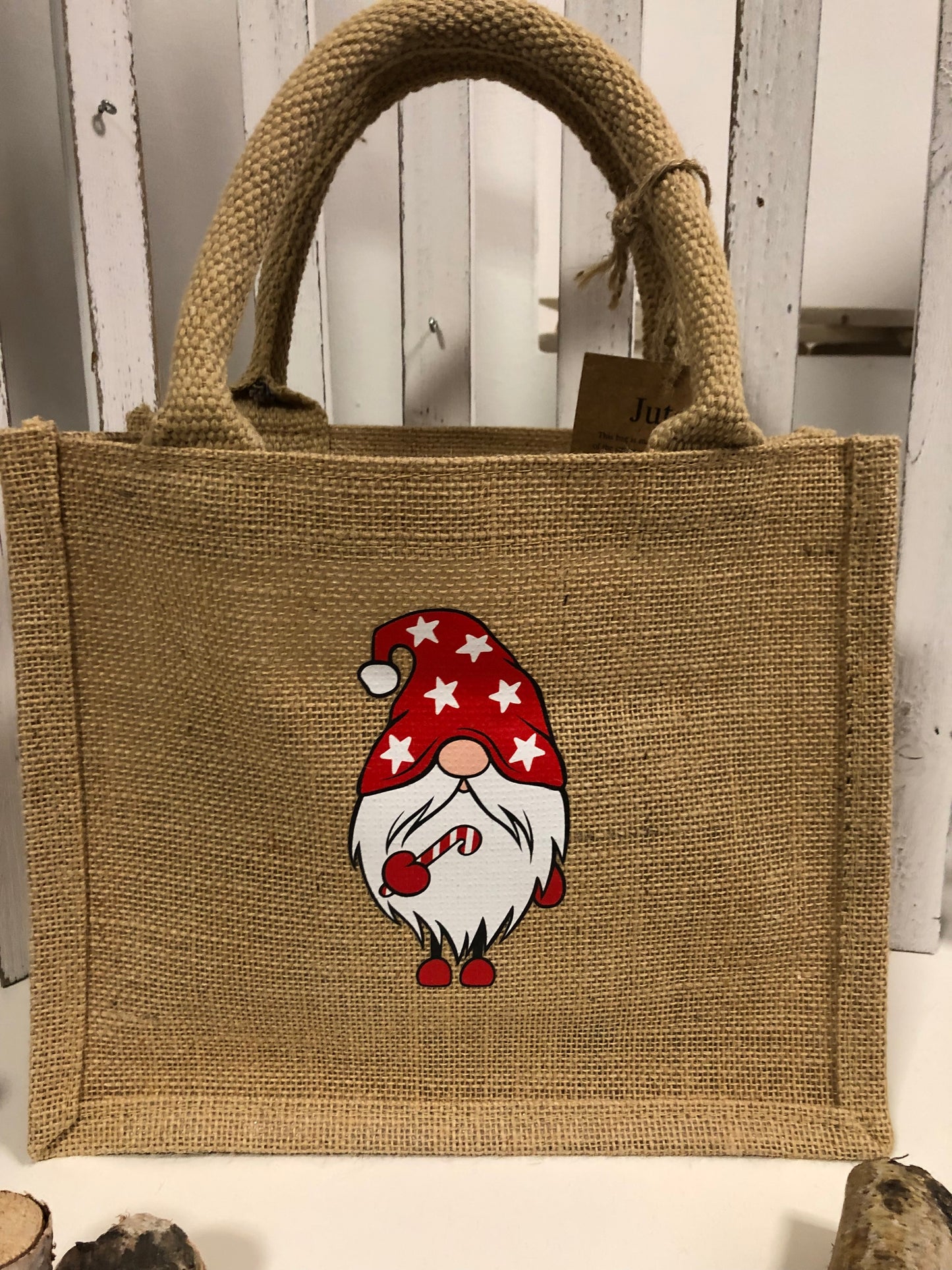 Nachhaltige Jute-Tasche mit Weihnachtswichtel Motiv (Kopie)